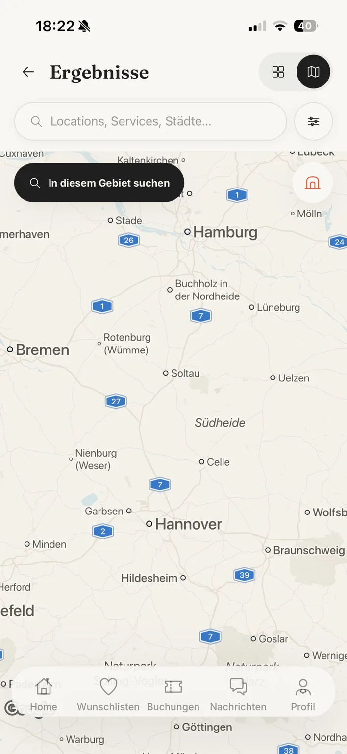 Feesto App: Kartenansicht mit Ergebnissen rund um Hamburg