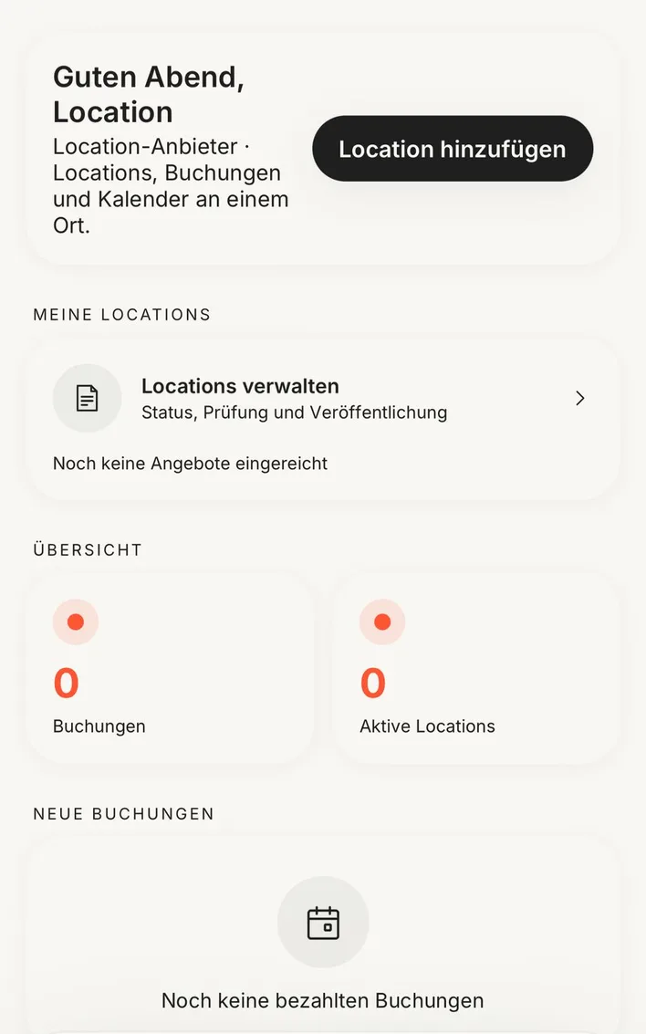 Feesto App: Anbieter-Dashboard mit Locations, Übersicht und Buchungen