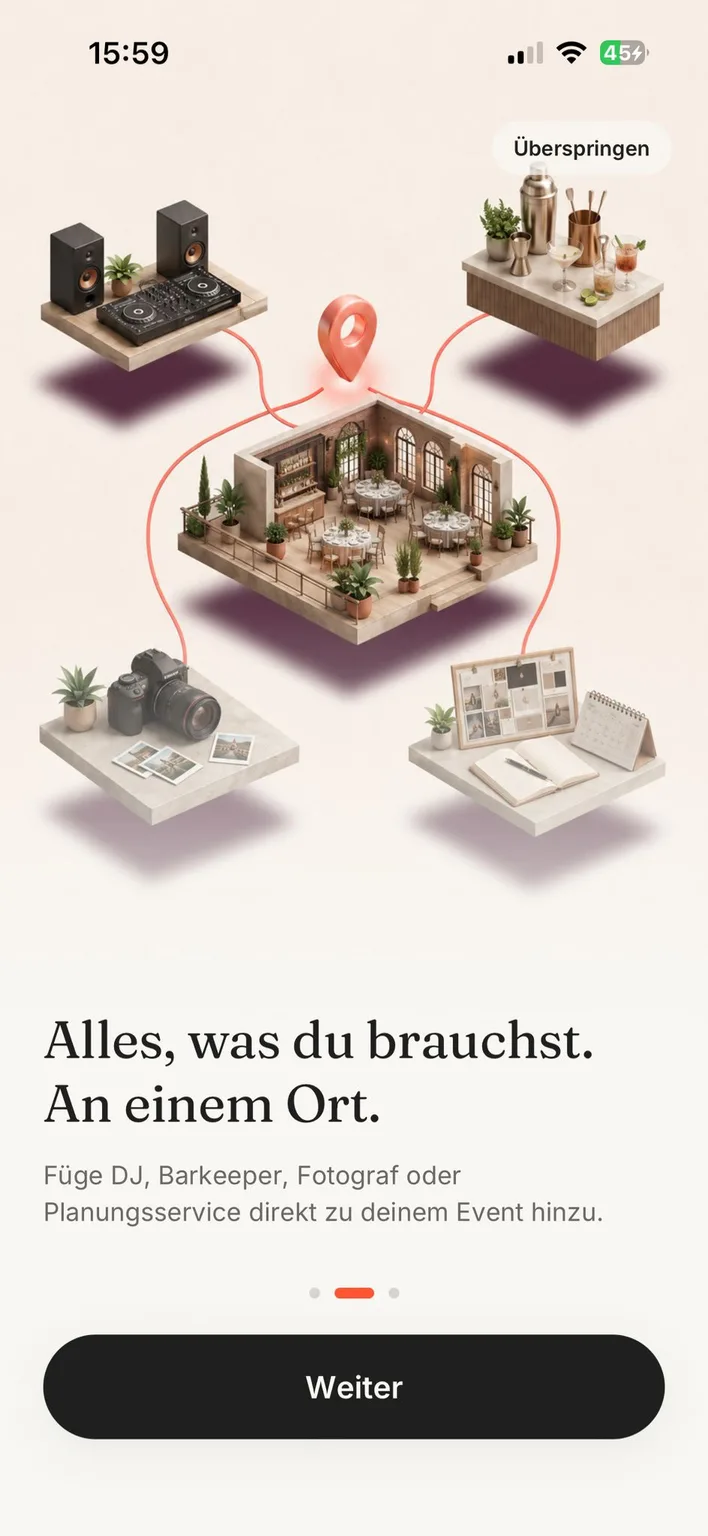 Feesto App: der Services-Screen - DJ, Barkeeper, Fotograf und Planung